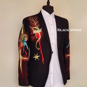 Men&#39;s Black 2Pc Customized Dragon Theme Embroidery Country Western Suit Cowboy Retro Cocktail Prom Party Designer Wedding Hippie Suit