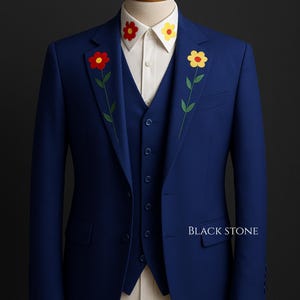 Men Blue 4 Piece Bespoke Floral Flowers Embroidered Country Western Suit Coat Pant Vest & Shirt Retro Groom Wedding Cocktail Party Outfit