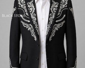 Men 2Pc Black Custom Made Paisley Embroidered Country Western Cowboy Vintage Style Nudie Suit Cocktail Prom Party Groom Wedding Outfit