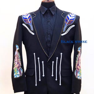 Men 2Pc Cowboy Black Customized Flower & Eagle Embroidered Golden Rhinestone Country Western Nudie Suit S Pocket Wedding Day Prom Party Suit