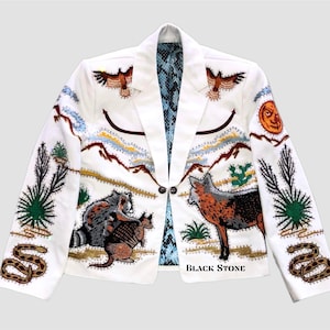 Men 2Pc White Customized Wolf Snake & Bird Embroidery with Rhinestone Vintage Cowboy Country Western Nudie Suit Music Prom Party Outfit