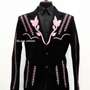 Men Black 2Pc Customized Floral Embroidered On Notch Lapel With Piping Vintage Cowboy Country Western Suit Retro Wedding Party Nudie Outfit