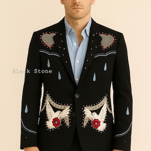 Men Black 2Pc Customized Bird Heart Embroidered Piping & Rhinestone Country Western Nudie Suit Cowboy Retro Wedding Day Prom Party Outfit