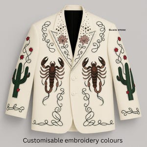 Men 2Pc Bespoke Scorpion Cactus Embroidered Rhinestone Cowboy Country Western Nudie Suit Wedding Day Groom Bride Party Boho Hippie suit