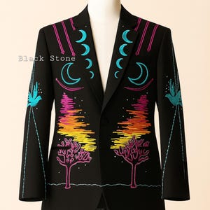 Men Black 2Pc Customized Moon Tree Embroidered Rhinestones Country Western Nudie Suit Smiley Pockets Wedding Day Cowboy Dinner Party Outfit