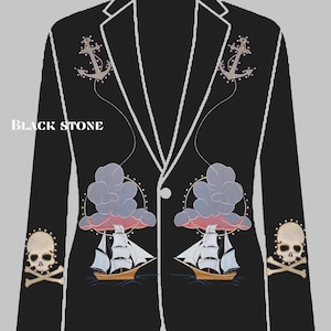 Men Black 2Pc Customized Pirates Ship Skeleton Embroidered With Rhinestones Country Western Nudie Suit Cowboy Retro Wedding Day Party Outfit