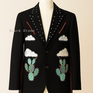 Men Blue 2Pc Customized Cactus Clouds Embroidered Rhinestones Country Western Nudie Suit Vintage Cocktail Party Wedding Day Groom Outfit