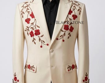 Men 2Pc Ivory Custom Made Floral Flower Embroidered Vintage Style Country Western Nudie Suit Retro Cocktail Party Groom Wedding Event Outfit