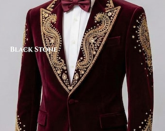 Men 2Pc Maroon Velvet Custom Made Gold Embroidered Rehinestones Country Western Nudie Suit Retro Vintage Tuxedo Wedding Groom Party Outfit