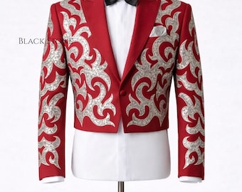 Men 2Pc Red Custom Made Silver Flame Embroidered Tuxedo  Western Vintage Style Cowboy Nudie Suit Prom Groom Wedding Rockstar Concert Outfit