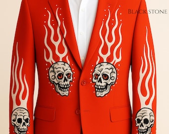 Mannen 2 st Rode Duivel Beapoke Country Western Geborduurd Nudie Pak Geïnspireerd Cowboy Rockabilly Gothic Skull Flame Custom Rodeo Stage Outfit