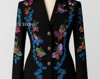 Women Black 2Pc Customised Floral Butterfly Vines Embroidered Country Western Nudie Suit Cocktail Retro Party Vintage Bride Wedding Outfit