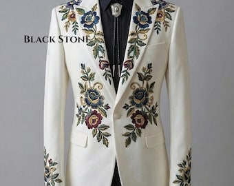 Men 2Pc White Customised Floral Rose Leaf Embroidered Country Western Nudie Suit Cowboy Retro Vintage Cowboy Wedding Party Groom Outfit