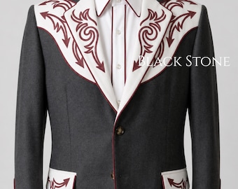Men 2Pc Grey Customised Piping Embroidered Country Western Cowboy Vintage Style Nudie Suit Groom Wedding Prom Event Music Concert Outfit