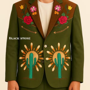 Men Green 2 Piece Bespoke Country Western Suit with Cactus Embroidery Desert Rodeo Outfit Vintage Country Style Wedding Cowboy   Prom Suit