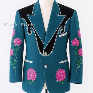 Men Teal Blue 2Pc Bespoke Rose Leaf Vines Embroidered Rhinestones Cowboy Country Western Nudie Suit Cocktail Vintage Wedding Party Outfit