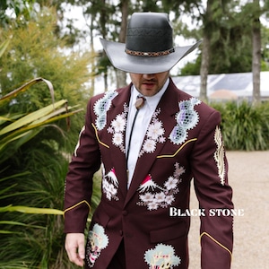 Men Black 2Pc Customized Floral Skeleton Embroidered Rhinestones Country Western Nudie Suit Cocktail Party Events Wedding Suit
