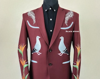 Men 2Pc Maroon Floral Embroidered Customised Western Tuxedo Cowboy Nudie Suit Pigeons Design Rockabilly Groom Wedding Prom Party Wear Set