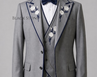 Traje elegante de estilo country western vintage de 3 piezas para hombre, color gris claro, hecho a medida con bordados florales, ideal para fiestas de graduación, bodas, cócteles y conciertos.
