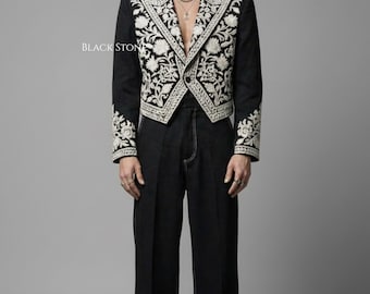 Traje de 2 piezas para hombre, estilo retro vaquero vintage de los años 70, estilo bohemio, para boda, novio y fiesta, con bordado floral, estilo country western, color negro