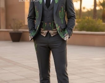 Traje de hombre de 3 piezas gris, hecho a medida, bordado floral de cactus, estilo country western, vaquero retro, atuendo único para baile de graduación, boda o fiesta.