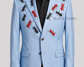 Men 2Pc Sky Blue Customised Ant Embroidered Country Western Cosmic Cowboy Vintage Style Suit Prom Concert Event Party Outfit