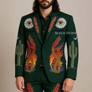 Country Western Cowboy Suit for Men Embroidered Green Blazer & Pants Set Desert Cactus Eye Design Rodeo Outfit Wedding Attire Festival Suit