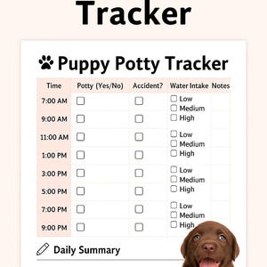 Tracker zindelijkheidstraining voor puppy's | Hondenpotje afdrukbaar | Dagelijks puppyschema | Tabel huisdierentoiletten pdf | Bewerkbaar puppydagboek