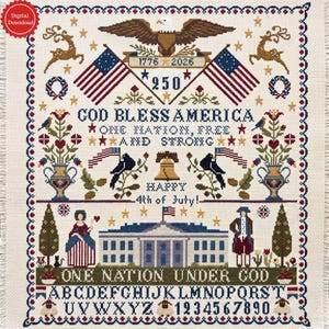 Patriotic America 250 Cross Stitch Sampler PDF,Primitive Folk Art Pattern,No Backstitch Full Stitch Project, Large Heirloom Chart