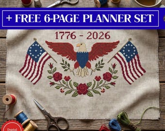 America 250th Anniversary Cross Stitch Pattern,Patriotic Eagle Primitive Sampler,1776-2026 USA Digital PDF Chart,4th of July Embroidery