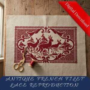 May include: A cream-colored fabric with a red cross-stitch design featuring deer and trees. Gold scissors and a spool of red thread are next to the fabric. The text "ANTIQUE FRENCH FILET LACE REPRODUCTION" is at the bottom.