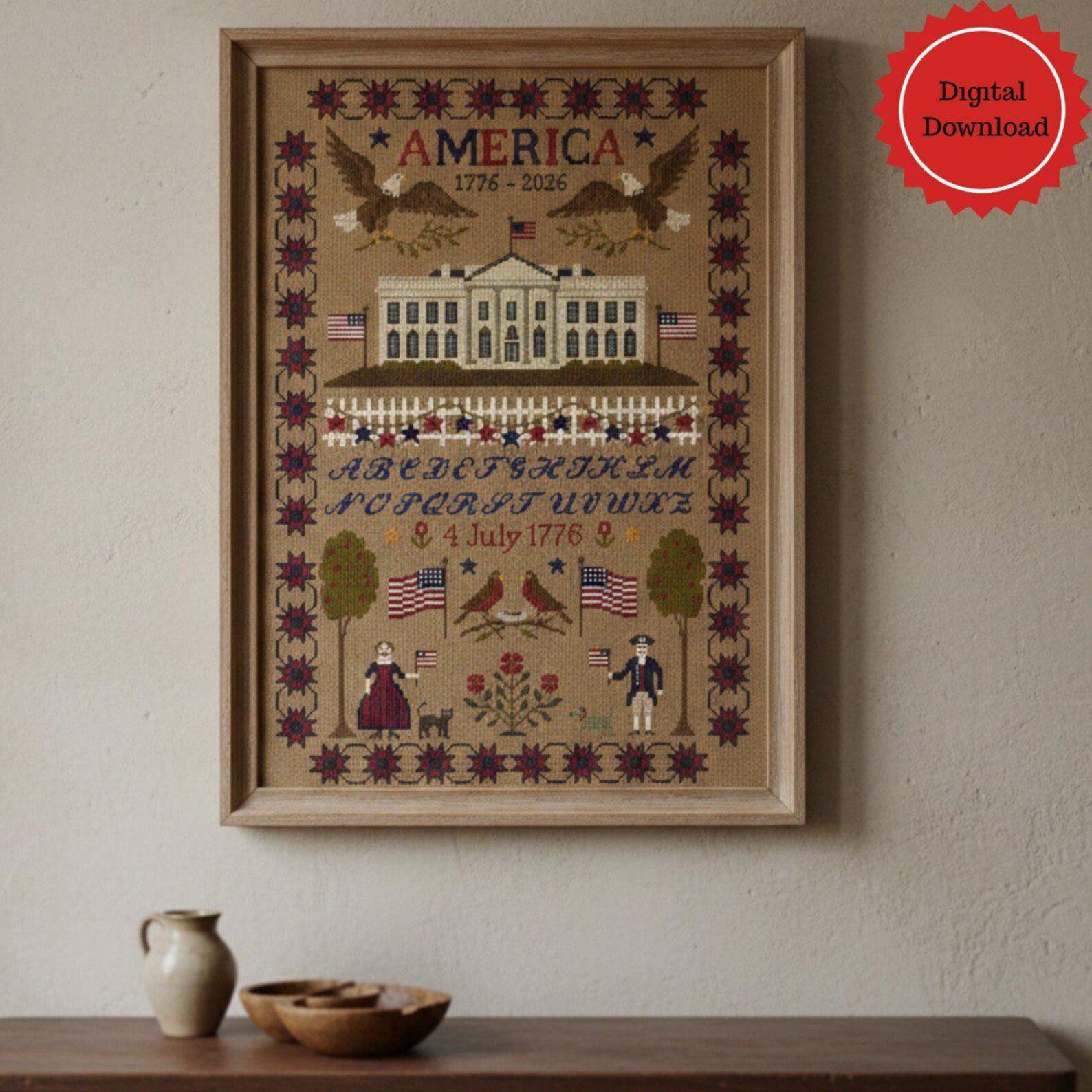 America 250 Cross Stitch Sampler,the White House Patriotic Pattern ...