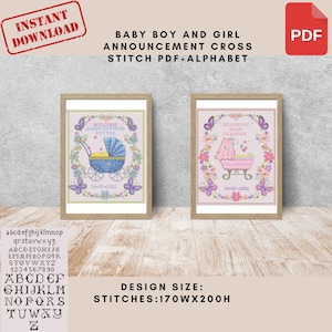 Aangepaste geboortekaartje jongen en meisje kruissteekpatroon, alfabetpatroon, jongen meisje kinderkamer inrichting kruissteekkaart, babyshower cadeau DIY