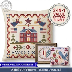 May include: A collection of cross-stitch patterns featuring patriotic themes. The main pillow displays a red and blue house with American flags, angels, and the words "SWEET HOME." Additional patterns include a heart with stars and stripes and a bird with strawberries. The bundle is labeled "3-IN-1 VALUE PATTERN BUNDLE."