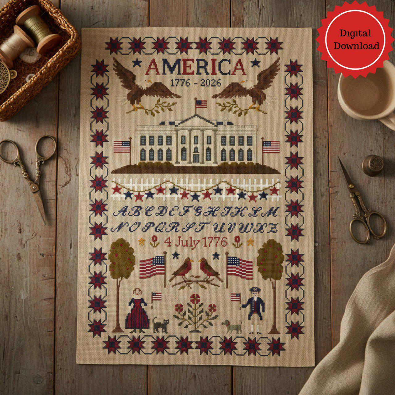 America 250 Cross Stitch Sampler,the White House Patriotic Pattern ...
