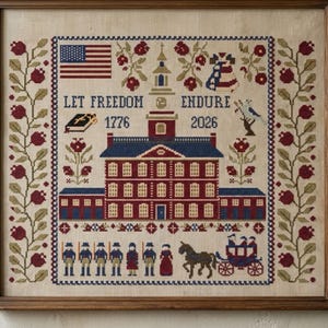 Korsstygnsmönster för Amerikas 250-årsjubileum - Låt friheten bestå - Självständighetshallens exempel 1776-2026 - Patriotisk amerikansk PDF