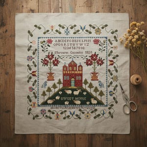 May include: A cross-stitch sampler with a central design of a red building, sheep, and the words "SWEET HOME." The sampler includes floral and vine borders, letters, numbers, and the name "Margaret Cassedys 1820." The background is a light beige fabric.