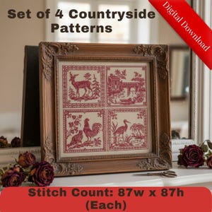 May include: A framed set of four red and white countryside patterns. The patterns include a deer, a house with a bridge, a rooster with a bird, and a heron. The frame is brown with ornate detailing. The text "Set of 4 Countryside Patterns" and "Digital Download" are visible.