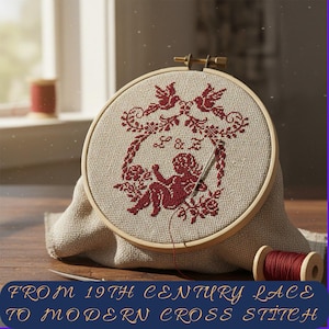 Puede incluir: Un bastidor de punto de cruz con un diseño burdeos de un ángel, pájaros y elementos florales. El texto "L & E" está en el centro del diseño. El texto en la parte inferior dice "FROM 19TH CENTURY LACE TO MODERN CROSS STITCH". Se ve una bobina de hilo burdeos.