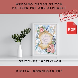 Patrón de punto de cruz para boda personalizado (PDF) y patrón de punto de cruz con alfabeto (PDF) - Bordado de boda - Patrón digital (PDF)