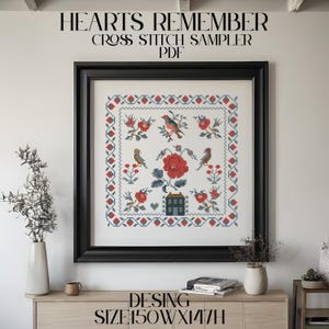 Patrón de punto de cruz "Corazones que recuerdan" - Muestrario vintage con pájaros, rosas y cabaña - Diseño de bordado en PDF