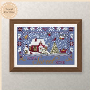 Home Sweet Home Cross Stitch Pattern | Primitive Christmas Sampler PDF | Winter Cottage, Cardinal & Snowman | Full Cross Stitch
