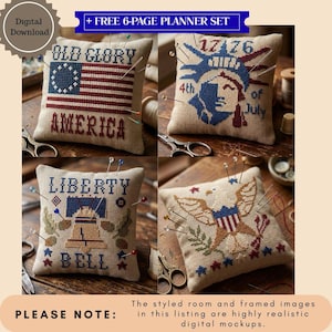 May include: Four square, beige pin cushions with patriotic cross-stitch designs. One features the American flag and the word "AMERICA." Another depicts the Statue of Liberty with "1776" and "4th of July." The third shows the Liberty Bell, and the last has an eagle.