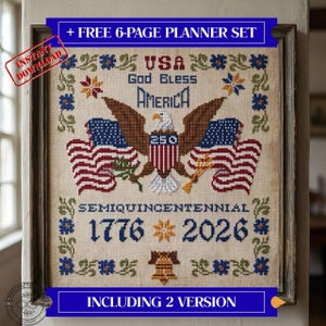May include: A framed cross-stitch sampler with patriotic themes. It features an eagle, American flags, and the text "USA God Bless America" and "1776 2026". The sampler includes the text "SEMIQUINCENTENNIAL" and is decorated with floral motifs.
