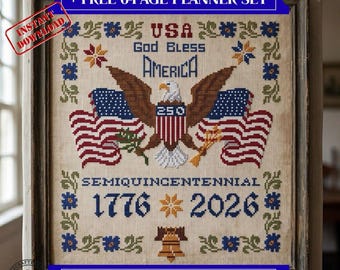 1776 Patriotic Eagle Primitive Cross Stitch Pattern, America 250th Anniversary+Free Planner