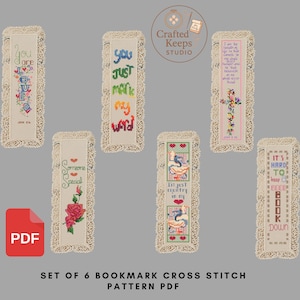 Set of 6 Bookmark Cross Stitch Pattern Bundle|Cute Vertical Bookmarks|Embroidered Bookmark|DMC Color|PDF Instant Download