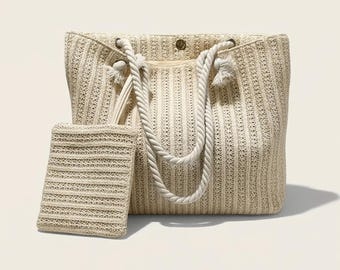 Woven Straw Beach Tote Bag | Rope Handles & Pouch