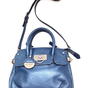 BORBONESE navy blue leather crossbody bag.