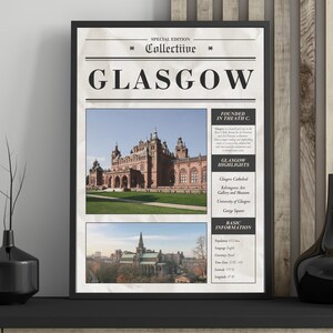 Glasgow Poster im Zeitungsstil – Minimalistischer City Print | Clyde Waterfront & Victorian Architecture | Moderne Wandkunst Geschenk