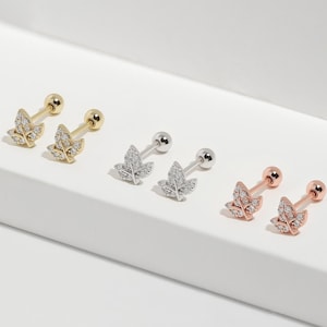 Sparkling Leaf Screw Back Earrings, Tiny Ball Back Sterling Silver Dainty Minimalist Maple Nature Leaf Comfort Stud Dailly Wear For Girl Mom